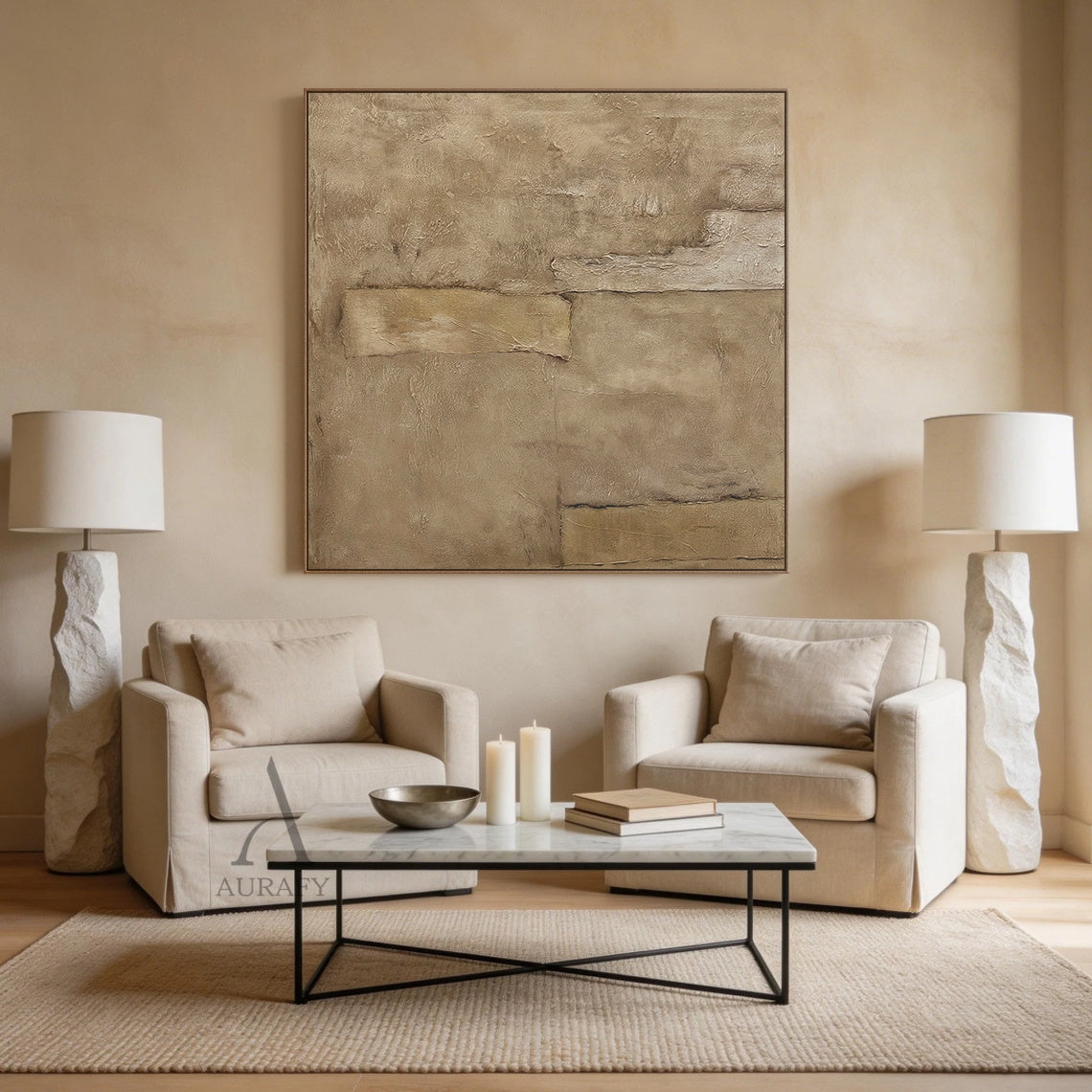 Wabi-sabi beige general abstract impasto canvas wall art (AURA736), features warm muted earthy beige palette covering off-white, pale sand, warm tan and deep taupe, rough irregular blocky composition with dark gap edges mimicking weathered aged plaster or rammed earth, full thick hand-applied textured surface with paint stacking and scratch details, suitable for Japandi, minimalist, quiet luxury home interior decor.