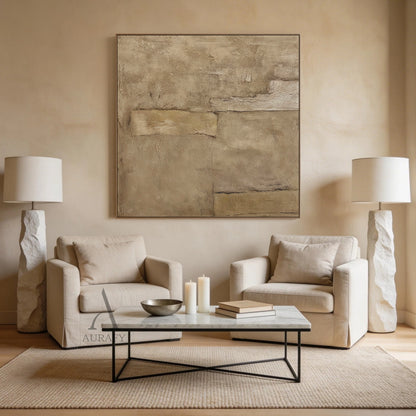 Wabi-sabi beige general abstract impasto canvas wall art (AURA736), features warm muted earthy beige palette covering off-white, pale sand, warm tan and deep taupe, rough irregular blocky composition with dark gap edges mimicking weathered aged plaster or rammed earth, full thick hand-applied textured surface with paint stacking and scratch details, suitable for Japandi, minimalist, quiet luxury home interior decor.
