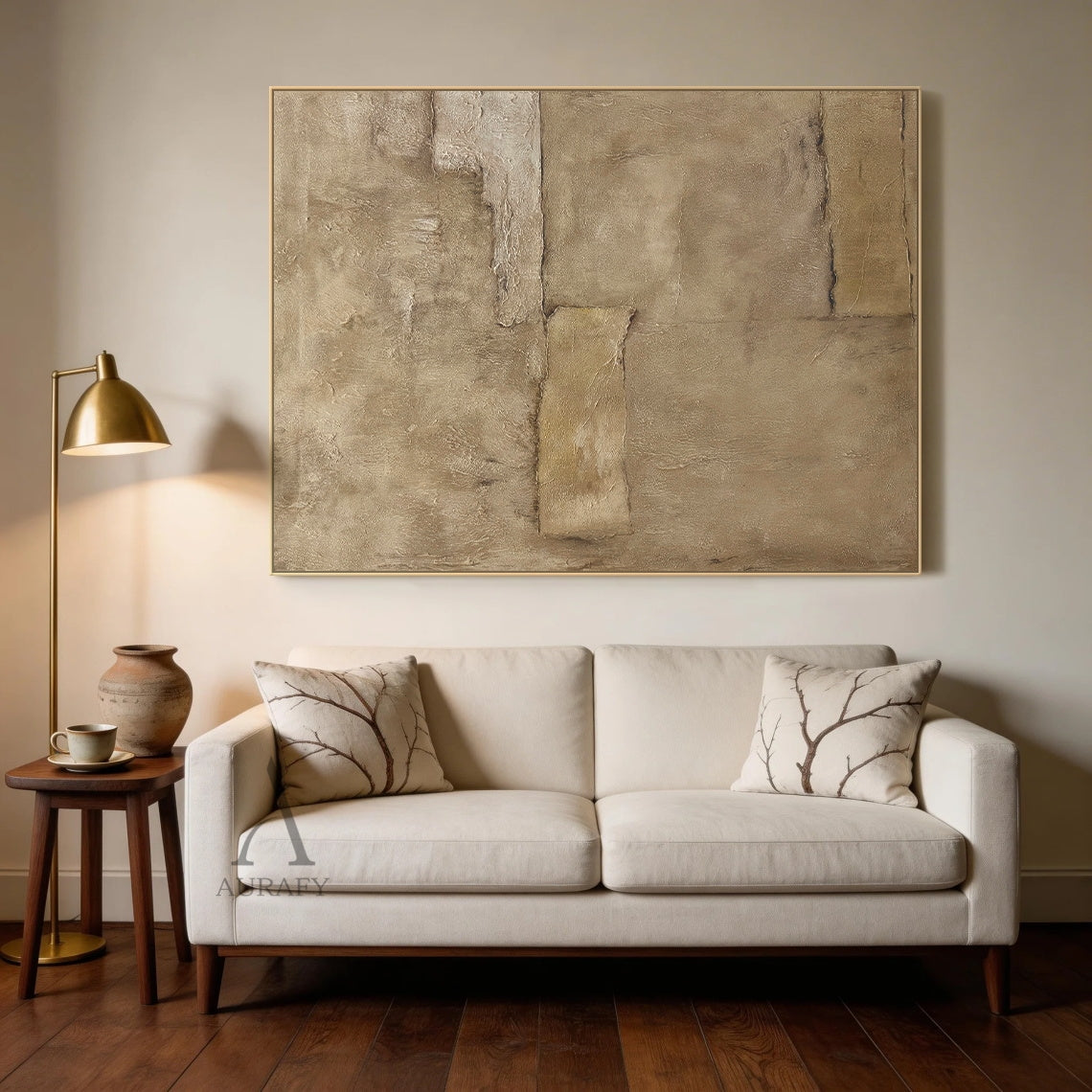 Wabi-sabi beige general abstract impasto canvas wall art (AURA736), features warm muted earthy beige palette covering off-white, pale sand, warm tan and deep taupe, rough irregular blocky composition with dark gap edges mimicking weathered aged plaster or rammed earth, full thick hand-applied textured surface with paint stacking and scratch details, suitable for Japandi, minimalist, quiet luxury home interior decor.