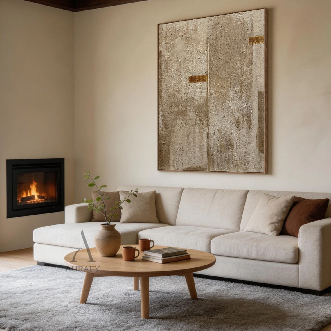 Wabi-sabi beige minimalist abstract hand-painted canvas wall art, full canvas covered with rough crinkled cracked impasto texture that resembles dried natural plant fiber or aged weathered plaster, adopts a whole set of neutral warm color palette covering soft beige, taupe and earthy brown, symmetrical composition divided by a faint central vertical split line, two deep burnt umber rectangular decorative accents are arranged on the left middle area and upper right area separately, this Japandi style neutral