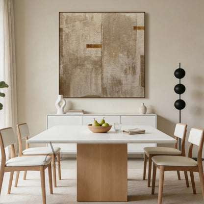 Wabi-sabi beige minimalist abstract hand-painted canvas wall art, full canvas covered with rough crinkled cracked impasto texture that resembles dried natural plant fiber or aged weathered plaster, adopts a whole set of neutral warm color palette covering soft beige, taupe and earthy brown, symmetrical composition divided by a faint central vertical split line, two deep burnt umber rectangular decorative accents are arranged on the left middle area and upper right area separately, this Japandi style neutral