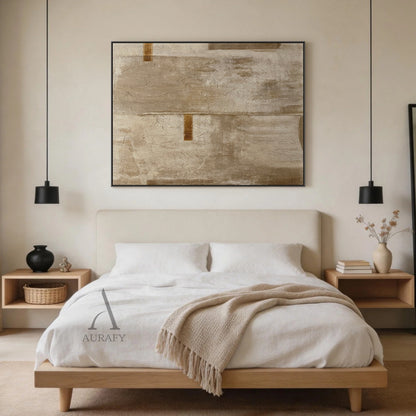 Wabi-sabi beige minimalist abstract hand-painted canvas wall art, full canvas covered with rough crinkled cracked impasto texture that resembles dried natural plant fiber or aged weathered plaster, adopts a whole set of neutral warm color palette covering soft beige, taupe and earthy brown, symmetrical composition divided by a faint central vertical split line, two deep burnt umber rectangular decorative accents are arranged on the left middle area and upper right area separately, this Japandi style neutral