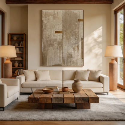 Wabi-sabi beige minimalist abstract hand-painted canvas wall art displayed in a real home living room scene, full canvas covered with rough crinkled cracked impasto texture that resembles dried natural plant fiber or aged weathered plaster, adopts a whole set of neutral warm color palette covering soft beige, taupe and earthy brown, symmetrical composition divided by a faint central vertical split line, two deep burnt umber rectangular decorative accents are arranged on the left middle area and upper right 