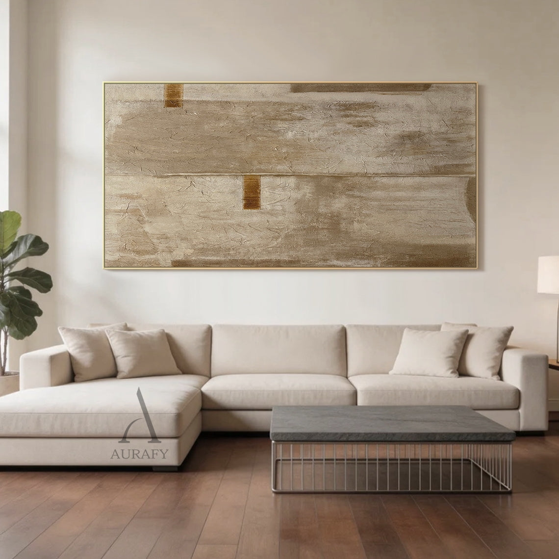 Wabi-sabi beige minimalist abstract hand-painted canvas wall art displayed in a real home living room scene, full canvas covered with rough crinkled cracked impasto texture that resembles dried natural plant fiber or aged weathered plaster, adopts a whole set of neutral warm color palette covering soft beige, taupe and earthy brown, symmetrical composition divided by a faint central vertical split line, two deep burnt umber rectangular decorative accents are arranged on the left middle area and upper right 