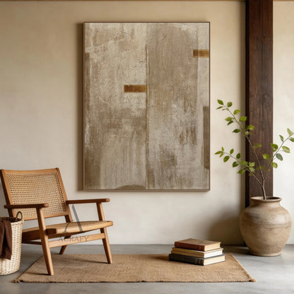 Wabi-sabi beige general abstract hand painted canvas wall art, full surface with rough crinkled cracked impasto texture similar to dried plant fiber or weathered plaster, adopts full neutral warm beige, taupe, earthy brown color palette, central vertical split line divides the symmetrical composition, 2 deep burnt umber rectangular accents set on left middle area and upper right area, minimalist Japandi neutral wall decor for quiet luxury, minimalist organic interiors.