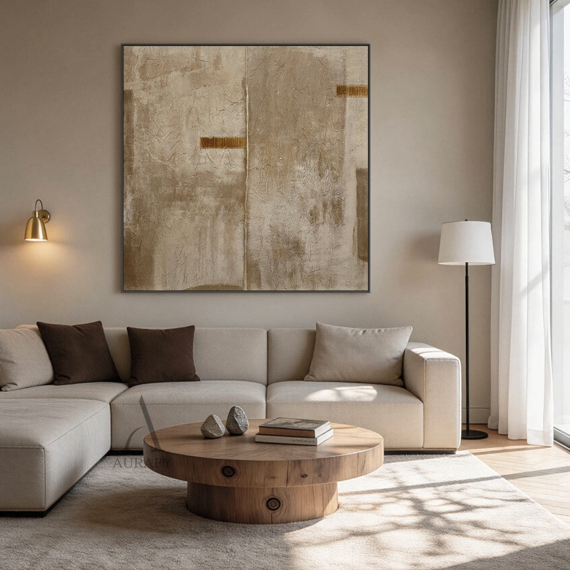 Wabi-sabi beige general abstract hand painted canvas wall art, full surface with rough crinkled cracked impasto texture similar to dried plant fiber or weathered plaster, adopts full neutral warm beige, taupe, earthy brown color palette, central vertical split line divides the symmetrical composition, 2 deep burnt umber rectangular accents set on left middle area and upper right area, minimalist Japandi neutral wall decor for quiet luxury, minimalist organic interiors.