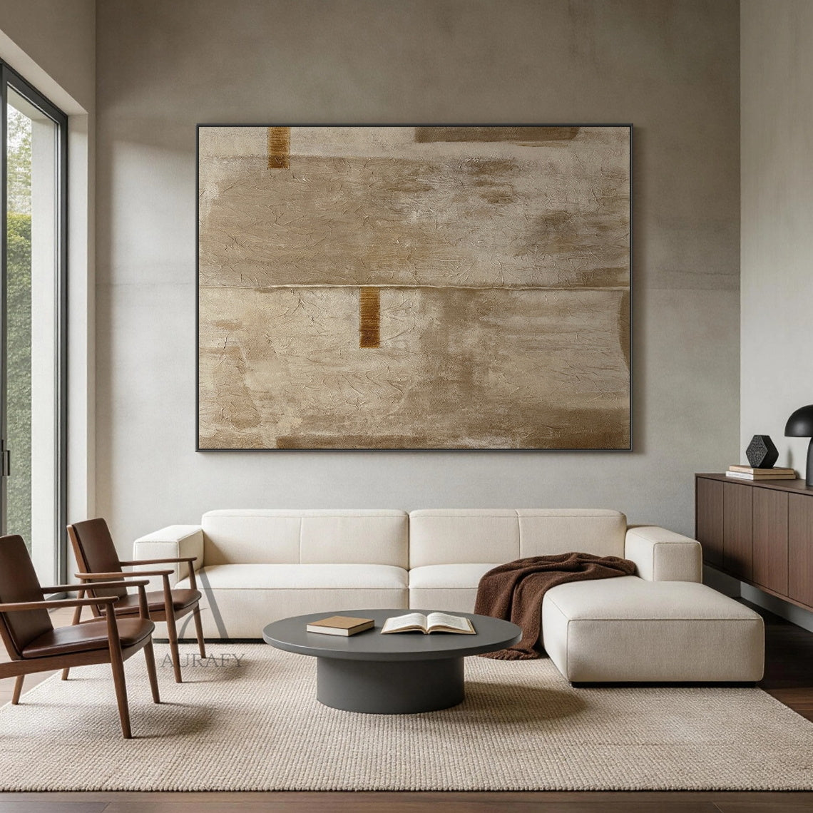 Wabi-sabi beige general abstract hand painted canvas wall art, full surface with rough crinkled cracked impasto texture similar to dried plant fiber or weathered plaster, adopts full neutral warm beige, taupe, earthy brown color palette, central vertical split line divides the symmetrical composition, 2 deep burnt umber rectangular accents set on left middle area and upper right area, minimalist Japandi neutral wall decor for quiet luxury, minimalist organic interiors.