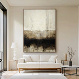 Wabi Sabi Beige Black Abstract Art with Dripped Paint Scratch Marks Tactile Texture Vertical Lines AURA590