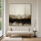 Wabi Sabi Beige Black Abstract Art with Dripped Paint Scratch Marks Tactile Texture Vertical Lines AURA590