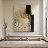 Wabi Sabi Beige Black Tactile Canvas Art with Paint Drip Details Irregular Lines Rustic Texture AURA586
