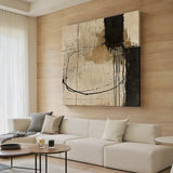 Wabi Sabi Beige Black Tactile Canvas Art with Paint Drip Details Irregular Lines Rustic Texture AURA586