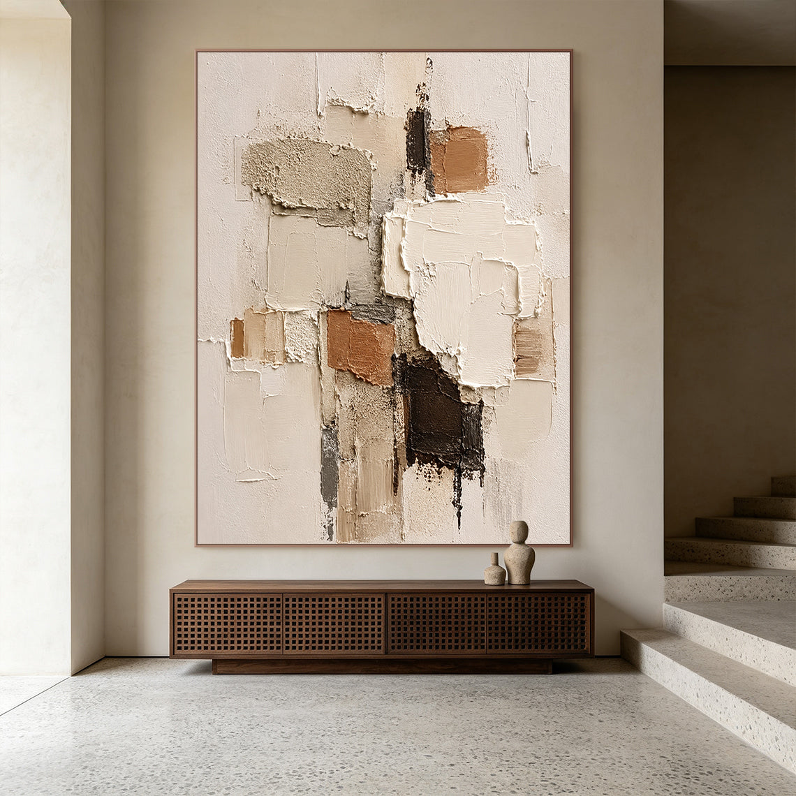 Wabi-sabi Japandi minimalist 3D textured abstract painting displayed in neutral home space, handcrafted with thick impasto techniques, features irregular geometric paint blocks in soft muted earth tones: warm beige, creamy off-white, rustic terracotta brown, deep chocolate brown, and understated cool gray. The artwork boasts mixed tactile textures of rough granular gritty patches, smooth raised palette knife strokes, and natural uneven cracked paint edges, bringing a calm, laid-back organic vibe that comple