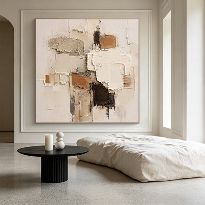 Wabi-sabi Japandi minimalist 3D textured abstract painting displayed in neutral home space, handcrafted with thick impasto techniques, features irregular geometric paint blocks in soft muted earth tones: warm beige, creamy off-white, rustic terracotta brown, deep chocolate brown, and understated cool gray. The artwork boasts mixed tactile textures of rough granular gritty patches, smooth raised palette knife strokes, and natural uneven cracked paint edges, bringing a calm, laid-back organic vibe that comple