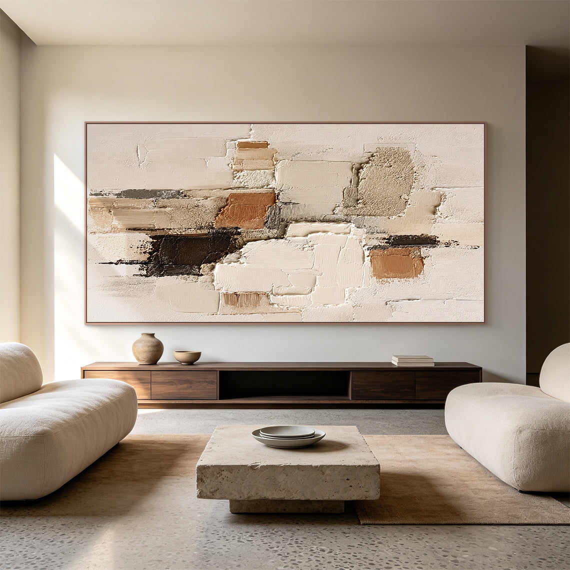 Wabi-sabi Japandi minimalist 3D textured abstract painting displayed in neutral home space, handcrafted with thick impasto techniques, features irregular geometric paint blocks in soft muted earth tones: warm beige, creamy off-white, rustic terracotta brown, deep chocolate brown, and understated cool gray. The artwork boasts mixed tactile textures of rough granular gritty patches, smooth raised palette knife strokes, and natural uneven cracked paint edges, bringing a calm, laid-back organic vibe that comple