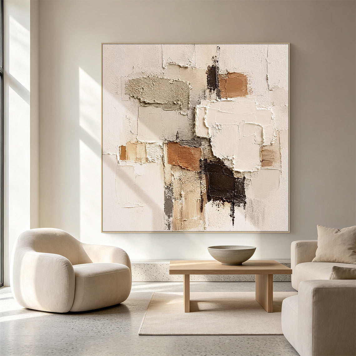 Wabi-sabi Japandi minimalist 3D textured abstract painting displayed on the soft off-white accent wall of a light oak Japandi living room, handcrafted with thick impasto techniques, features irregular geometric paint blocks in soft muted earth tones: warm beige, creamy off-white, rustic terracotta brown, deep chocolate brown, and understated cool gray. The artwork boasts mixed tactile textures of rough granular gritty patches, smooth raised palette knife strokes, and natural uneven cracked paint edges, brin