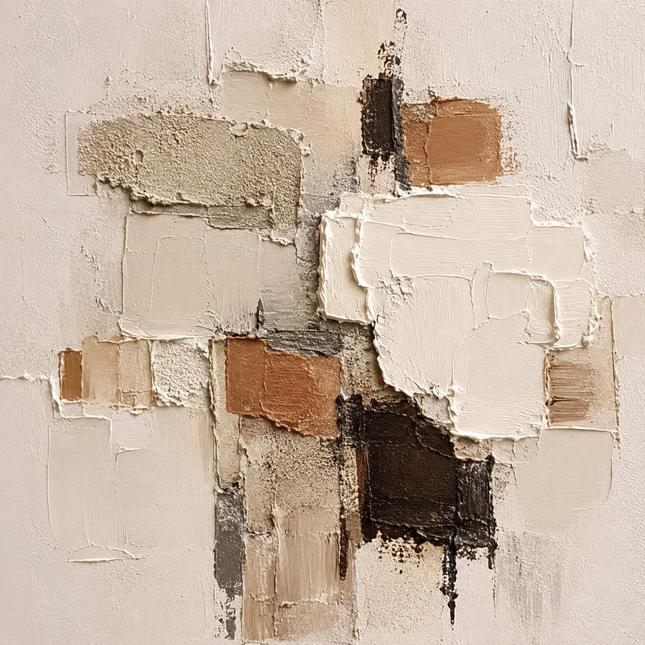 Wabi-sabi Japandi minimalist 3D textured abstract painting displayed on the soft off-white accent wall of a light oak Japandi living room, handcrafted with thick impasto techniques, features irregular geometric paint blocks in soft muted earth tones: warm beige, creamy off-white, rustic terracotta brown, deep chocolate brown, and understated cool gray. The artwork boasts mixed tactile textures of rough granular gritty patches, smooth raised palette knife strokes, and natural uneven cracked paint edges, brin