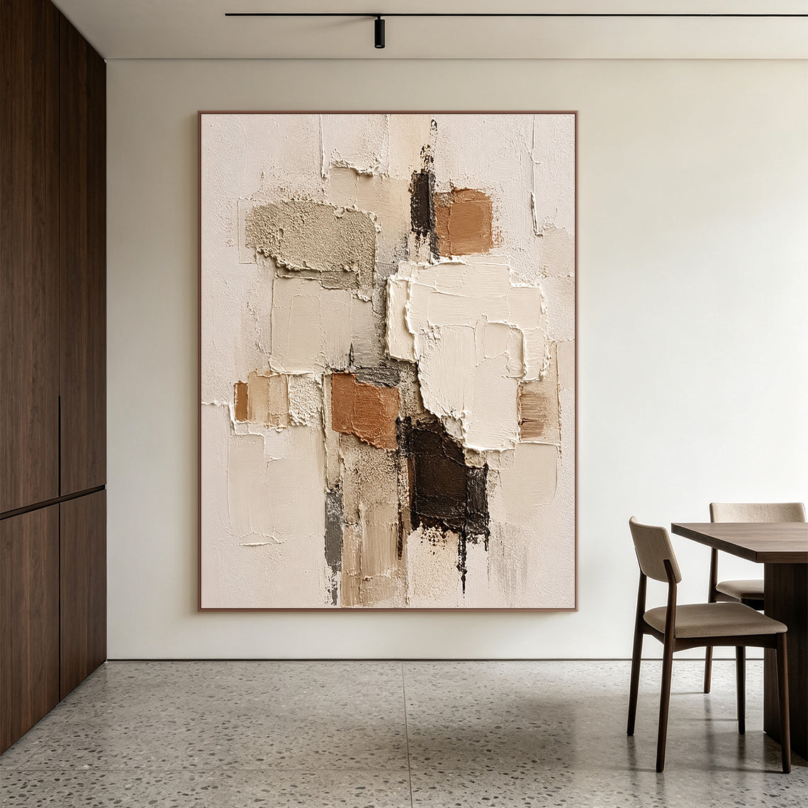 Wabi-sabi Japandi minimalist 3D textured abstract painting, handcrafted with thick impasto techniques, features irregular geometric paint blocks in muted earth tones: soft beige, off-white, warm terracotta brown, deep dark brown, and subtle cool gray. The artwork has mixed tactile textures of rough granular gritty patches, smooth raised knife strokes, and natural uneven cracked paint edges, delivering a calm organic aesthetic suitable for neutral home wall decor.
