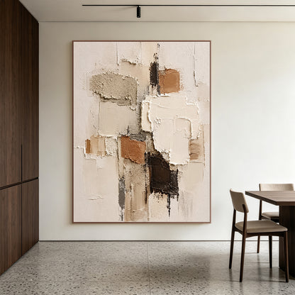 Wabi-sabi Japandi minimalist 3D textured abstract painting, handcrafted with thick impasto techniques, features irregular geometric paint blocks in muted earth tones: soft beige, off-white, warm terracotta brown, deep dark brown, and subtle cool gray. The artwork has mixed tactile textures of rough granular gritty patches, smooth raised knife strokes, and natural uneven cracked paint edges, delivering a calm organic aesthetic suitable for neutral home wall decor.