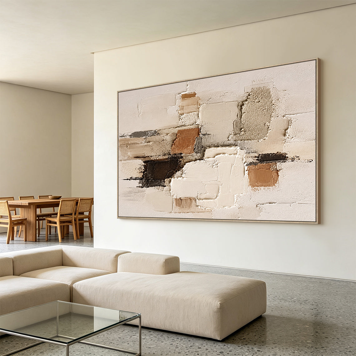 Wabi-sabi Japandi minimalist 3D textured abstract painting, handcrafted with thick impasto techniques, features irregular geometric paint blocks in muted earth tones: soft beige, off-white, warm terracotta brown, deep dark brown, and subtle cool gray. The artwork has mixed tactile textures of rough granular gritty patches, smooth raised knife strokes, and natural uneven cracked paint edges, delivering a calm organic aesthetic suitable for neutral home wall decor.
