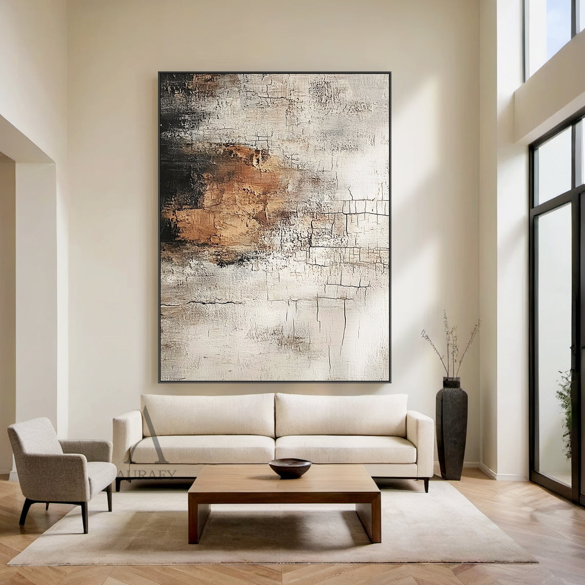 Abstract textured Wabi-sabi wall art (AURA636), features hand-applied cracked plaster texture with thick rough paint finish, light beige as base tone, warm brown color block sits on middle left as visual focus, dark gray near black gradient at top left, non-figurative abstract composition, presents weathered aged vintage serene vibe, fits Japandi minimalist living room, bedroom, entryway neutral organic home decoration.