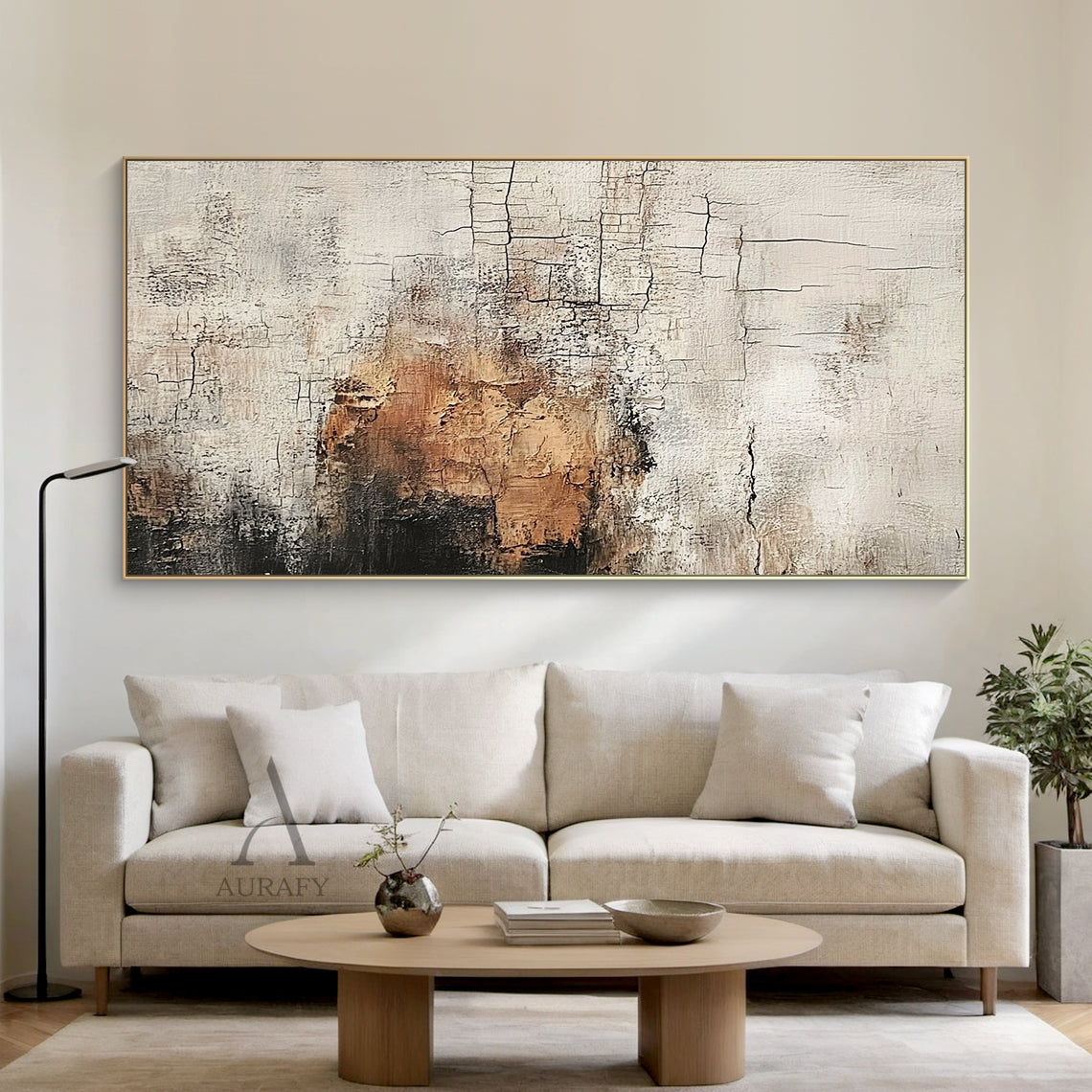 Abstract textured Wabi-sabi wall art (AURA636), features hand-applied cracked plaster texture with thick rough paint finish, light beige as base tone, warm brown color block sits on middle left as visual focus, dark gray near black gradient at top left, non-figurative abstract composition, presents weathered aged vintage serene vibe, fits Japandi minimalist living room, bedroom, entryway neutral organic home decoration.