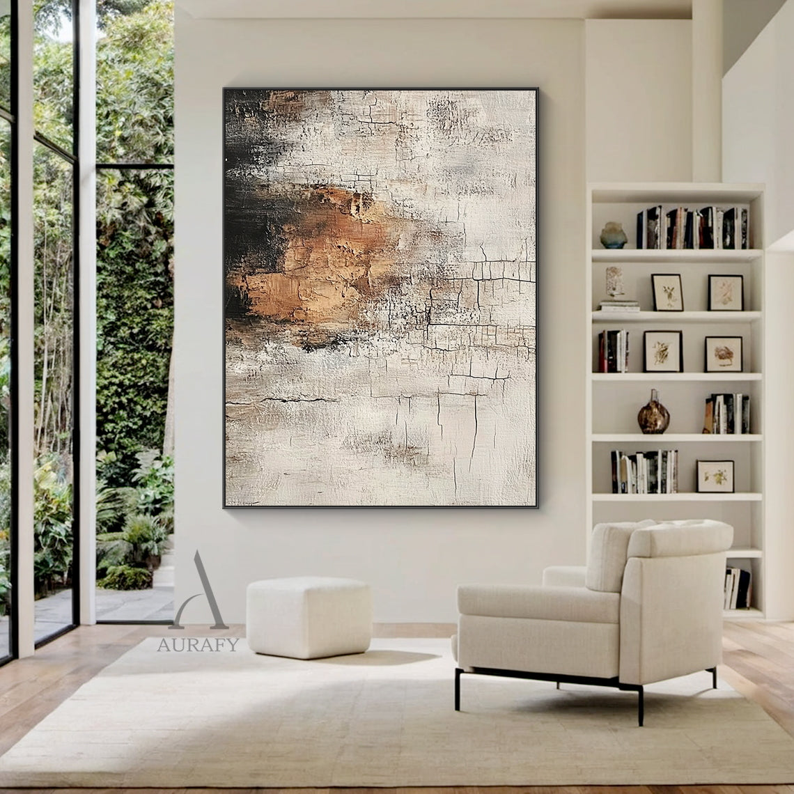 Scened Abstract textured Wabi-sabi wall art (AURA636), features hand-applied cracked plaster texture with thick rough paint finish, light beige as base tone, warm brown color block sits on middle left as visual focus, dark gray near black gradient at top left, non-figurative abstract composition, presents weathered aged vintage serene vibe, real shot displayed in a light-toned Japandi minimalist living room matched with log furniture and linen soft furnishings, ideal for neutral organic home decoration in l