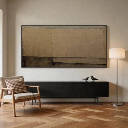 Wabi sabi general abstract textured canvas wall art AURA739, muted earthy palette of warm beige, light taupe and deep brown, asymmetrical irregular blocks with raw uneven edges, full surface crumpled paper-like rough impasto plaster texture, minimalist japandi neutral decorative artwork for modern living room sofa backdrop, entryway, bedroom bedside area home decor