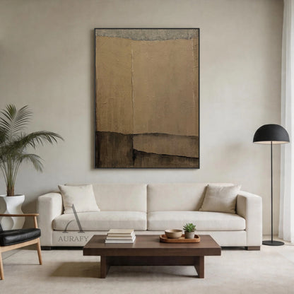 Wabi sabi general abstract textured canvas wall art AURA739, muted earthy palette of warm beige, light taupe and deep brown, asymmetrical irregular blocks with raw uneven edges, full surface crumpled paper-like rough impasto plaster texture, minimalist japandi neutral decorative artwork for modern living room, bedroom, entryway home decor