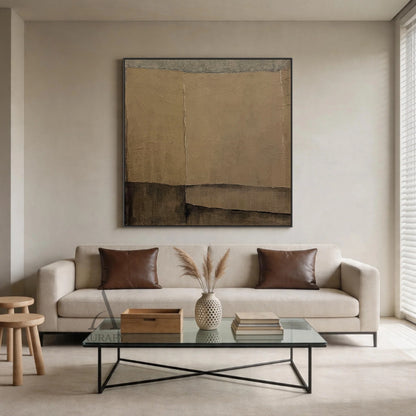 Wabi sabi general abstract textured canvas wall art AURA739, muted earthy palette of warm beige, light taupe and deep brown, asymmetrical irregular blocks with raw uneven edges, full surface crumpled paper-like rough impasto plaster texture, minimalist japandi neutral decorative artwork for modern living room, bedroom, entryway home decor