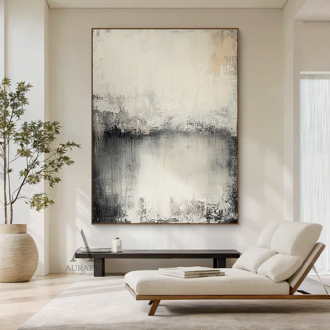 Wabi Sabi Beige General Abstract Plaster Textured Canvas Wall Art AURA720 (Home Decor Scene Display), features soft muted neutral palette with warm beige, creamy off-white, blended charcoal gray and deep black gradient transitions, hand-applied impasto finish with distressed worn edges, subtle vertical paint drips, rough brushed striations and uneven peeling-like surface details, non-directional minimalist abstract artwork presented in actual residential space, perfect for Japandi, Scandi, modern organic ho