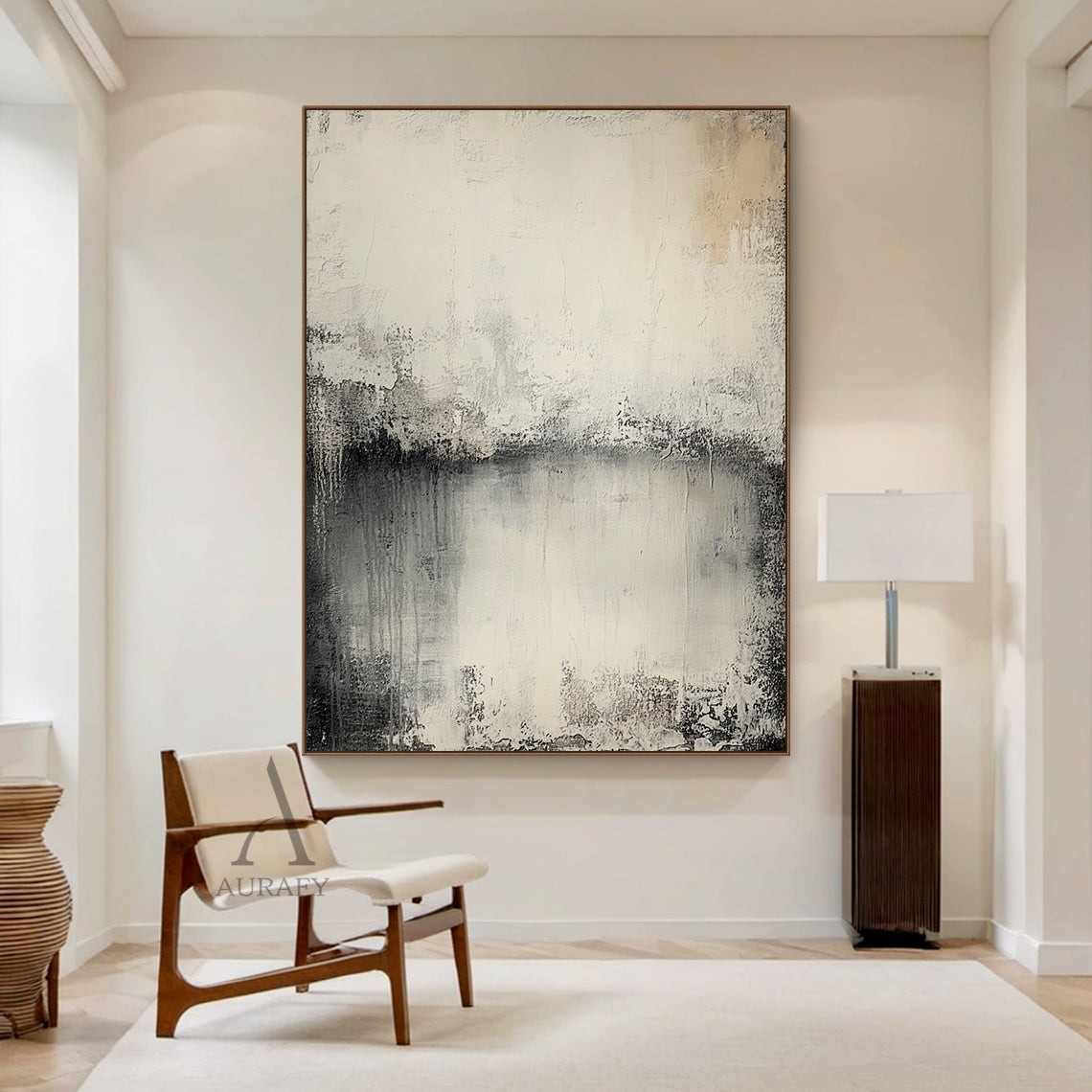 Wabi Sabi Beige General Abstract Plaster Textured Canvas Wall Art AURA720, features soft muted neutral palette with warm beige, creamy off-white, blended charcoal gray and deep black gradient transitions, hand-applied impasto finish with distressed worn edges, subtle vertical paint drips, rough brushed striations and uneven peeling-like surface details, non-directional minimalist abstract artwork for Japandi, Scandi, modern organic home decor