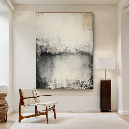 Wabi Sabi Beige General Abstract Plaster Textured Canvas Wall Art AURA720, features soft muted neutral palette with warm beige, creamy off-white, blended charcoal gray and deep black gradient transitions, hand-applied impasto finish with distressed worn edges, subtle vertical paint drips, rough brushed striations and uneven peeling-like surface details, non-directional minimalist abstract artwork for Japandi, Scandi, modern organic home decor