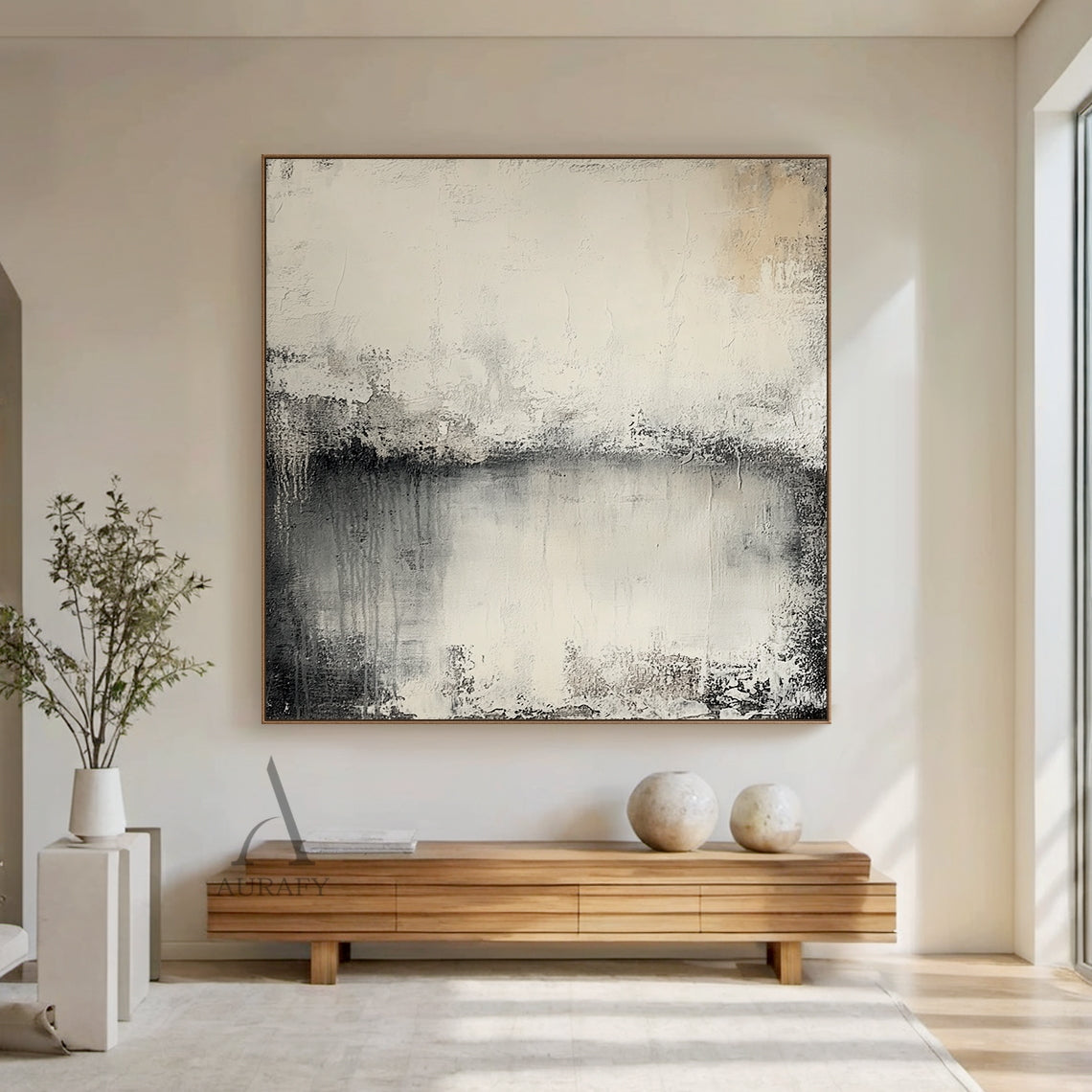 Wabi Sabi Beige General Abstract Plaster Textured Canvas Wall Art AURA720, features soft muted neutral palette with warm beige, creamy off-white, blended charcoal gray and deep black gradient transitions, hand-applied impasto finish with distressed worn edges, subtle vertical paint drips, rough brushed striations and uneven peeling-like surface details, non-directional minimalist abstract artwork for Japandi, Scandi, modern organic home decor