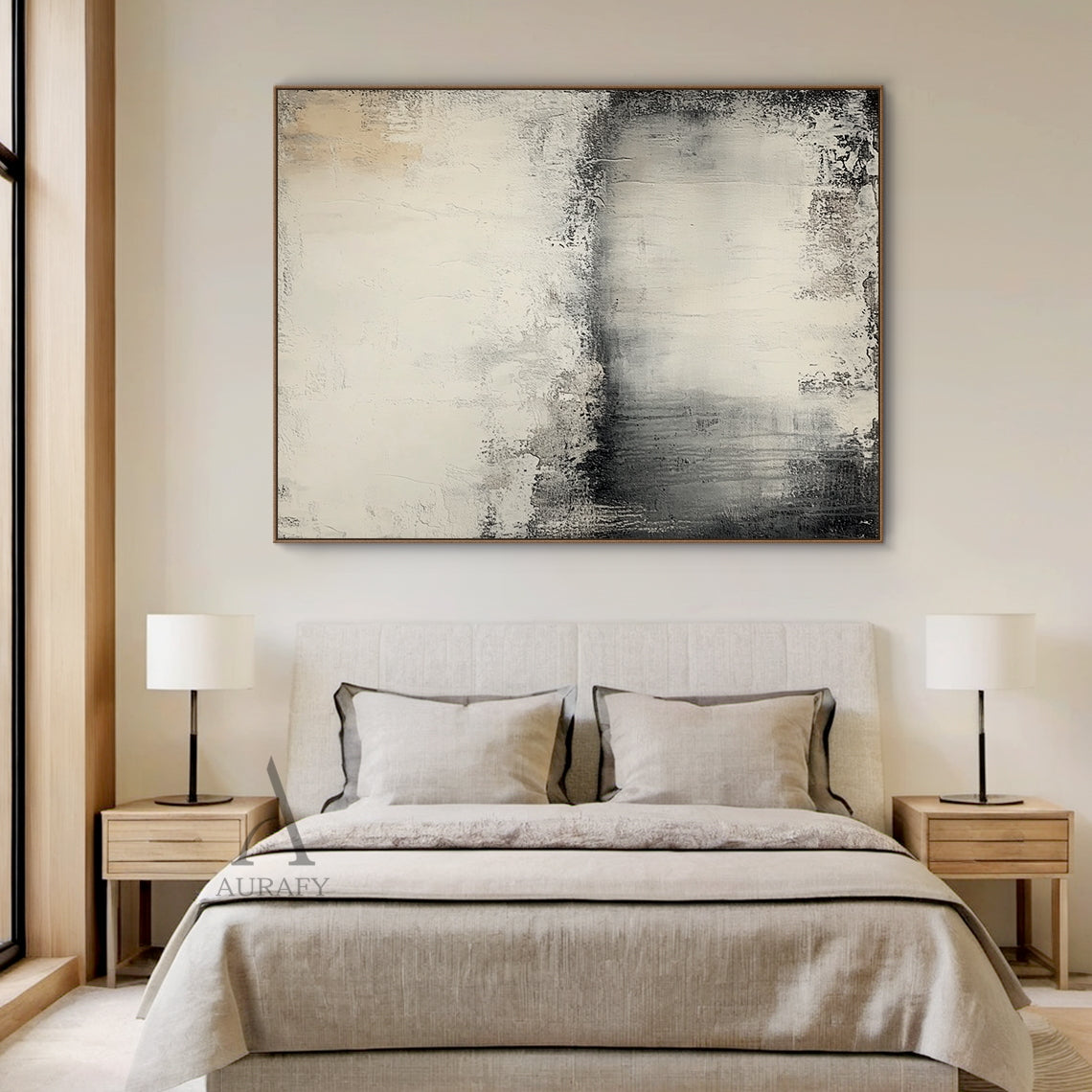 Wabi Sabi Beige General Abstract Plaster Textured Canvas Wall Art AURA720, features soft muted neutral palette with warm beige, creamy off-white, blended charcoal gray and deep black gradient transitions, hand-applied impasto finish with distressed worn edges, subtle vertical paint drips, rough brushed striations and uneven peeling-like surface details, non-directional minimalist abstract artwork for Japandi, Scandi, modern organic home decor