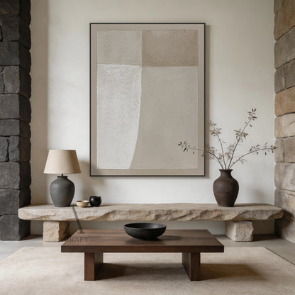 Square Wabi-Sabi beige general abstract canvas wall art AURA737 real home scene display, full-coverage rough sandy impasto textured surface with subtle canvas grain, split into 4 soft-transition neutral beige tonal blocks (bright warm off-white, pale sand, light taupe, muted warm beige), bottom left block with soft curved edge, finished with matching narrow beige border, hung above low-profile light oak sideboard against textured limewash off-white wall, minimalist Japandi luxe neutral home decor artwork fo