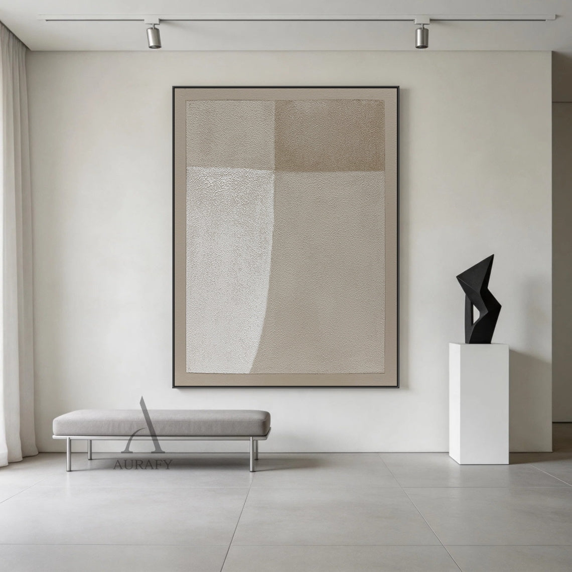 Square Wabi-Sabi beige general abstract canvas wall art AURA737, full-coverage rough sandy impasto textured surface with subtle canvas grain, split into 4 soft-transition neutral beige tonal blocks (bright warm off-white, pale sand, light taupe, muted warm beige), bottom left block with soft curved edge, finished with matching narrow beige border, minimalist Japandi luxe neutral home decor artwork for calm interior spaces.
