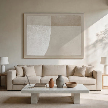 Square Wabi-Sabi beige general abstract canvas wall art AURA737, full-coverage rough sandy impasto textured surface with subtle canvas grain, split into 4 soft-transition neutral beige tonal blocks (bright warm off-white, pale sand, light taupe, muted warm beige), bottom left block with soft curved edge, finished with matching narrow beige border, minimalist Japandi luxe neutral home decor artwork for calm interior spaces.