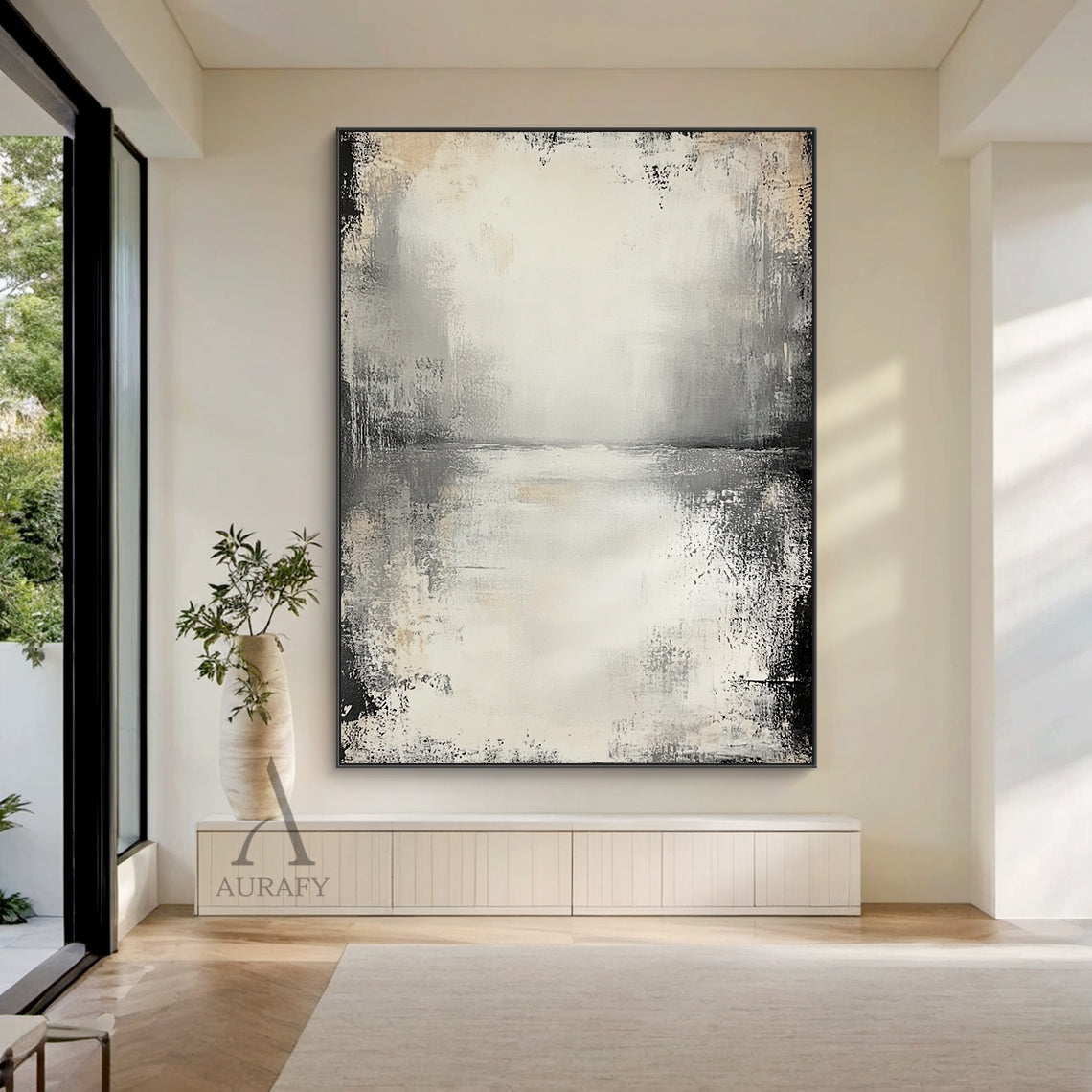 Wabi-sabi beige general abstract textured canvas wall art AURA719, features muted neutral color palette of off-white, pale beige, light to deep charcoal gray with faint warm brown accents, hand-finished distressed brushed & wiped texture with rough worn edges, subtle horizontal abstract sky-water horizon line across upper middle, natural dark vignette fading from edges to light beige blank center, Japandi minimalist tactile abstract artwork suitable for modern neutral, industrial, minimalist interior spaces