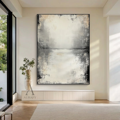 Wabi-sabi beige general abstract textured canvas wall art AURA719, features muted neutral color palette of off-white, pale beige, light to deep charcoal gray with faint warm brown accents, hand-finished distressed brushed & wiped texture with rough worn edges, subtle horizontal abstract sky-water horizon line across upper middle, natural dark vignette fading from edges to light beige blank center, Japandi minimalist tactile abstract artwork suitable for modern neutral, industrial, minimalist interior spaces