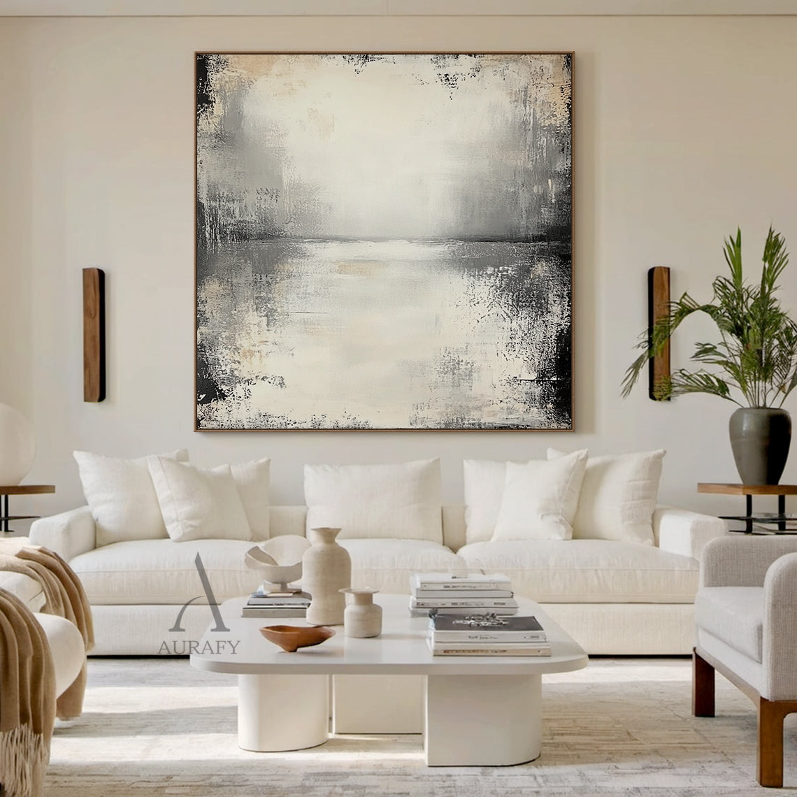 Wabi-sabi beige general abstract textured canvas wall art AURA719, features muted neutral color palette of off-white, pale beige, light to deep charcoal gray with faint warm brown accents, hand-finished distressed brushed & wiped texture with rough worn edges, subtle horizontal abstract sky-water horizon line across upper middle, natural dark vignette fading from edges to light beige blank center, Japandi minimalist tactile abstract artwork suitable for modern neutral, industrial, minimalist interior spaces