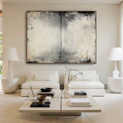 Wabi-sabi beige general abstract textured canvas wall art AURA719, features muted neutral color palette of off-white, pale beige, light to deep charcoal gray with faint warm brown accents, hand-finished distressed brushed & wiped texture with rough worn edges, subtle horizontal abstract sky-water horizon line across upper middle, natural dark vignette fading from edges to light beige blank center, Japandi minimalist tactile abstract artwork suitable for modern neutral, industrial, minimalist interior spaces