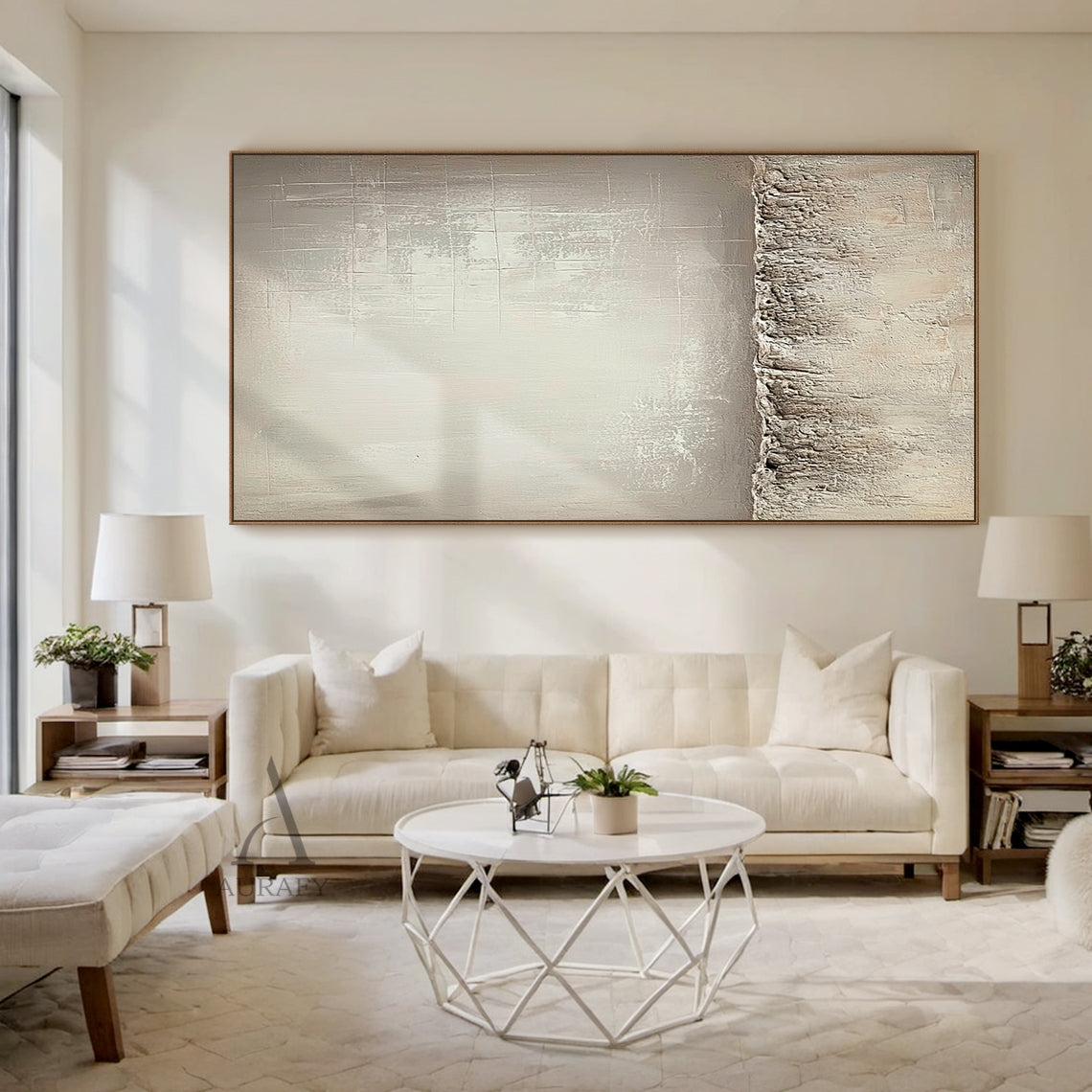 Beige wabi-sabi abstract canvas wall art AURA724 styled in a neutral Japandi home scene. It retains the classic split composition design: the lower section adopts thick rugged impasto texture like weathered rock and dry land with natural uneven edges, the upper left part has a smooth brushed warm beige gradient with faint brush stroke textures, the upper right part comes with subtle etched cross-hatch lines and mottled worn details. The whole work uses monochromatic neutral tones of beige, taupe and off-whi