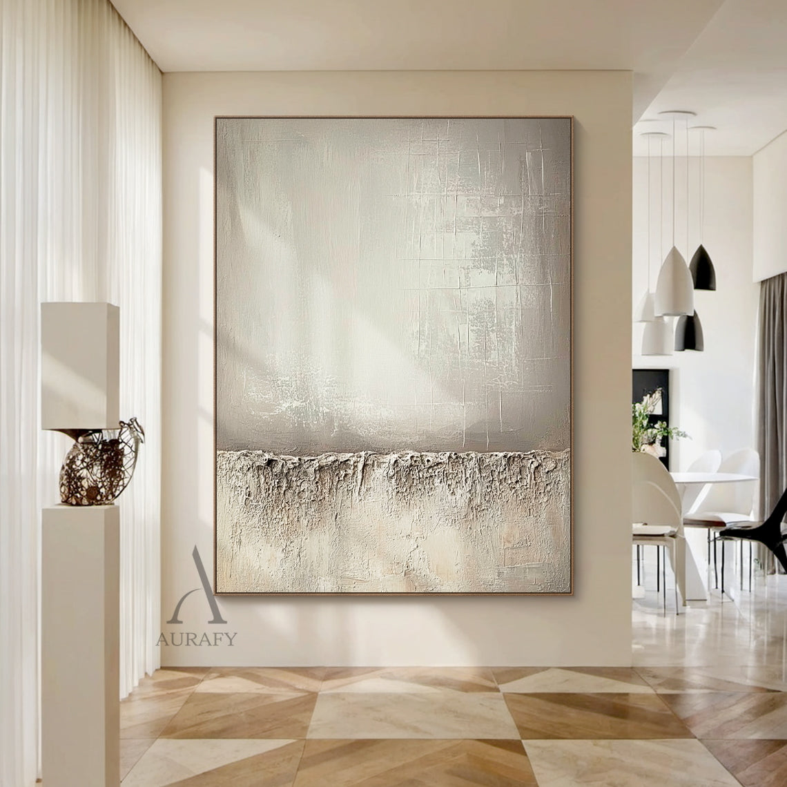 Beige wabi-sabi abstract canvas wall art AURA724 styled in a warm log-style Japandi living-dining integrated home scene. It retains the classic split composition design: the lower section adopts thick rugged impasto texture like weathered rock and dry land with natural uneven edges, the upper left part has a smooth brushed warm beige gradient with faint brush stroke textures, the upper right part comes with subtle etched cross-hatch lines and mottled worn details. The whole work uses monochromatic neutral t