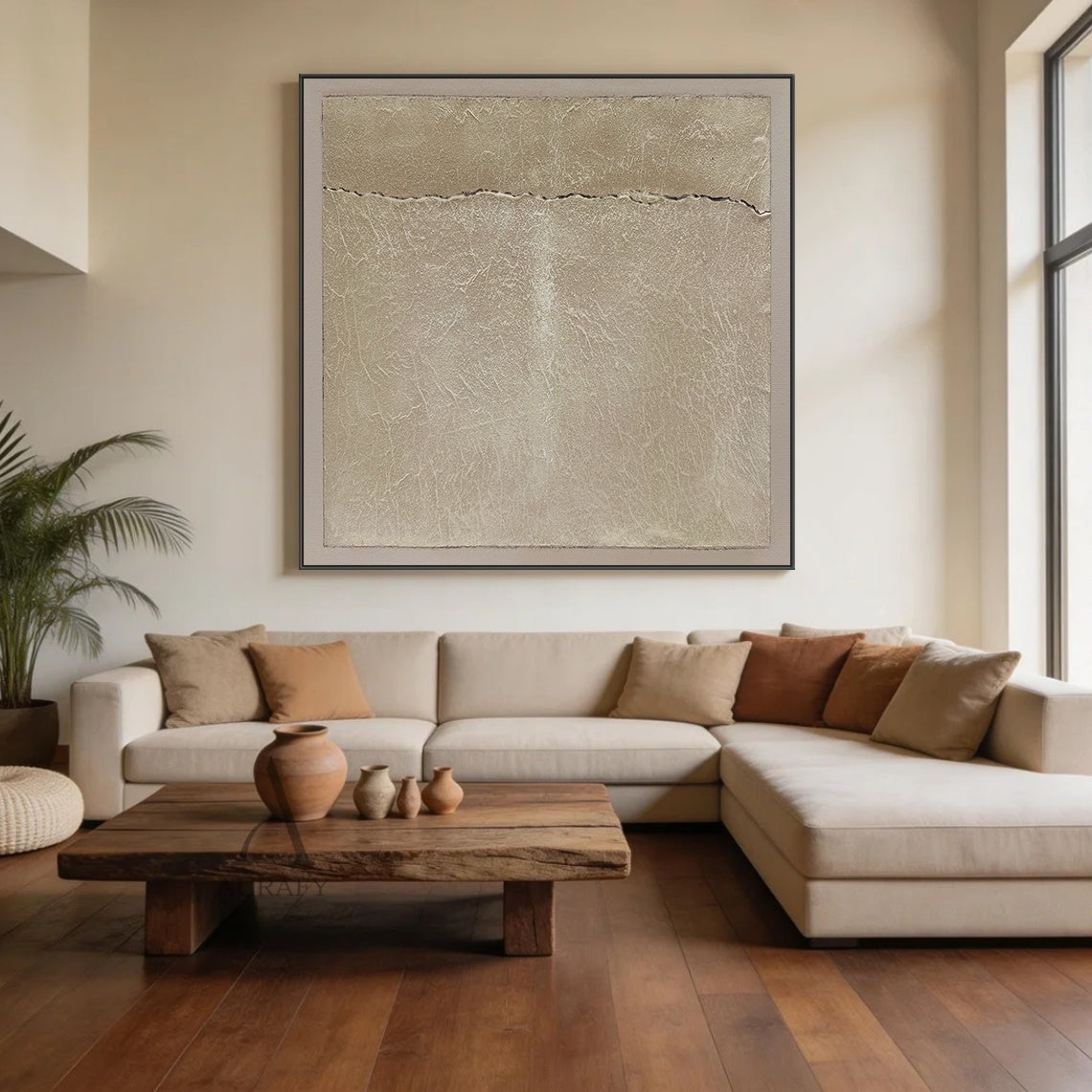 Wabi-Sabi Beige Handmade Textured Abstract Canvas Wall Art AURA734. Horizontal general abstract artwork with warm beige grainy impasto central panel, natural fine crackle textures across the surface, a thin irregular dark horizontal crack splitting the panel, bordered by soft pale off-white smooth frame. Neutral tactile Japandi minimalist wall decor for calm curated residential spaces.