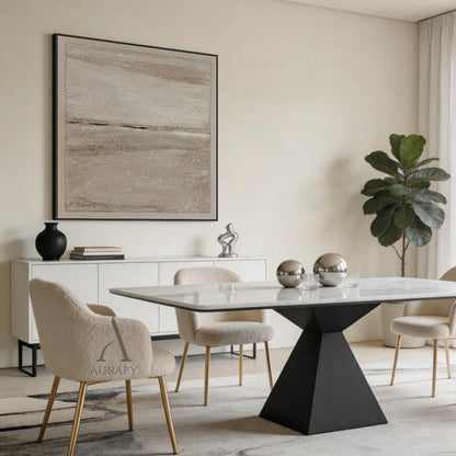 Wabi-Sabi Beige Japandi Minimalist Abstract Canvas Wall Art AURA740, scene display of the artwork mounted on a muted milk coffee living room feature wall, low-saturation warm neutral beige palette with layered light off-white, gray beige and warm taupe tones, textured surface with crinkled paper, natural rock crevice and fabric-like uneven raised details, left area with subtle reflective sheen, right area with matte sandy finish, central raised dark vertical split as visual focal point, outlined with thin b