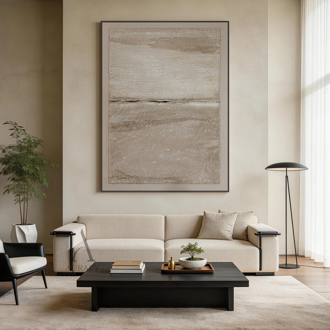 Wabi-Sabi Beige Japandi Minimalist Abstract Canvas Wall Art AURA740, low-saturation warm neutral beige palette with layered light off-white, gray beige and warm taupe tones, textured surface with crinkled paper, natural rock crevice and fabric-like uneven raised details, left area with subtle reflective sheen, right area with matte sandy finish, central raised dark vertical split as visual focal point, outlined with thin black line on lighter beige canvas base, ideal for neutral quiet luxury home decor.