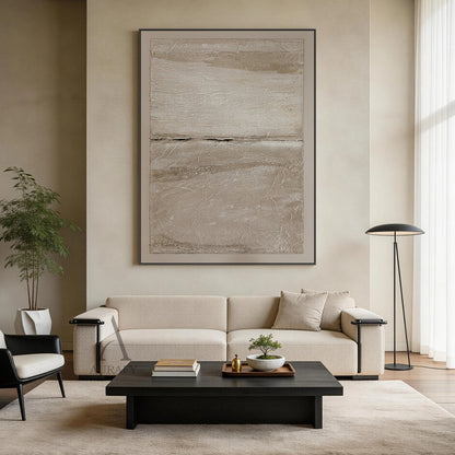 Wabi-Sabi Beige Japandi Minimalist Abstract Canvas Wall Art AURA740, low-saturation warm neutral beige palette with layered light off-white, gray beige and warm taupe tones, textured surface with crinkled paper, natural rock crevice and fabric-like uneven raised details, left area with subtle reflective sheen, right area with matte sandy finish, central raised dark vertical split as visual focal point, outlined with thin black line on lighter beige canvas base, ideal for neutral quiet luxury home decor.