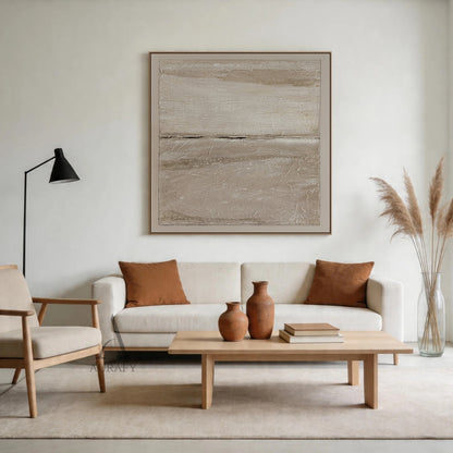 Wabi-Sabi Beige Japandi Minimalist Abstract Canvas Wall Art AURA740, low-saturation warm neutral beige palette with layered light off-white, gray beige and warm taupe tones, textured surface with crinkled paper, natural rock crevice and fabric-like uneven raised details, left area with subtle reflective sheen, right area with matte sandy finish, central raised dark vertical split as visual focal point, outlined with thin black line on lighter beige canvas base, ideal for neutral quiet luxury home decor.