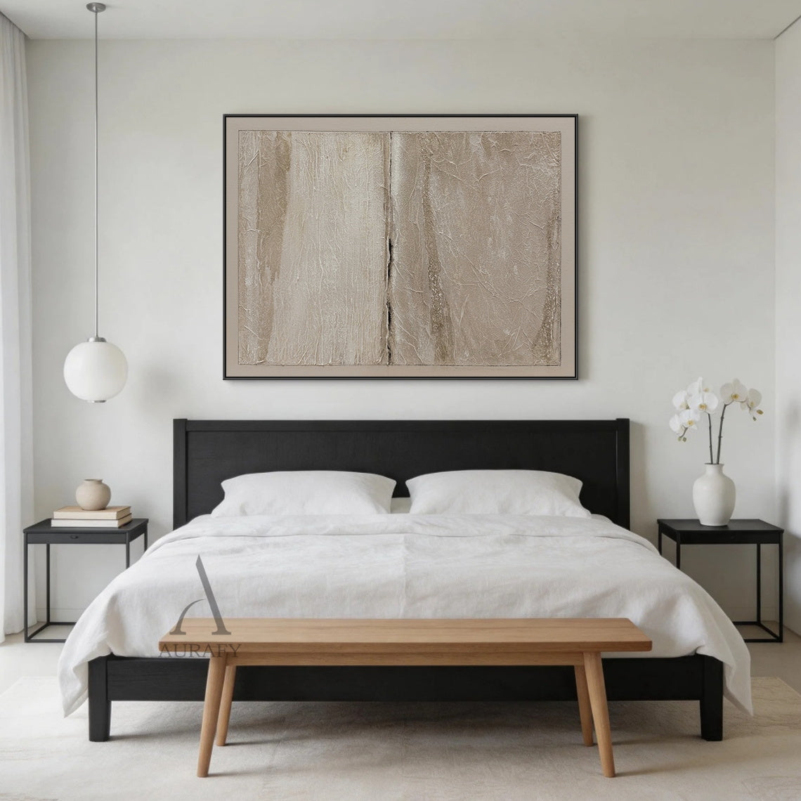 Wabi-Sabi Beige Japandi Minimalist Abstract Canvas Wall Art AURA740, low-saturation warm neutral beige palette with layered light off-white, gray beige and warm taupe tones, textured surface with crinkled paper, natural rock crevice and fabric-like uneven raised details, left area with subtle reflective sheen, right area with matte sandy finish, central raised dark vertical split as visual focal point, outlined with thin black line on lighter beige canvas base, ideal for neutral quiet luxury home decor.