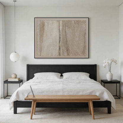 Wabi-Sabi Beige Japandi Minimalist Abstract Canvas Wall Art AURA740, low-saturation warm neutral beige palette with layered light off-white, gray beige and warm taupe tones, textured surface with crinkled paper, natural rock crevice and fabric-like uneven raised details, left area with subtle reflective sheen, right area with matte sandy finish, central raised dark vertical split as visual focal point, outlined with thin black line on lighter beige canvas base, ideal for neutral quiet luxury home decor.